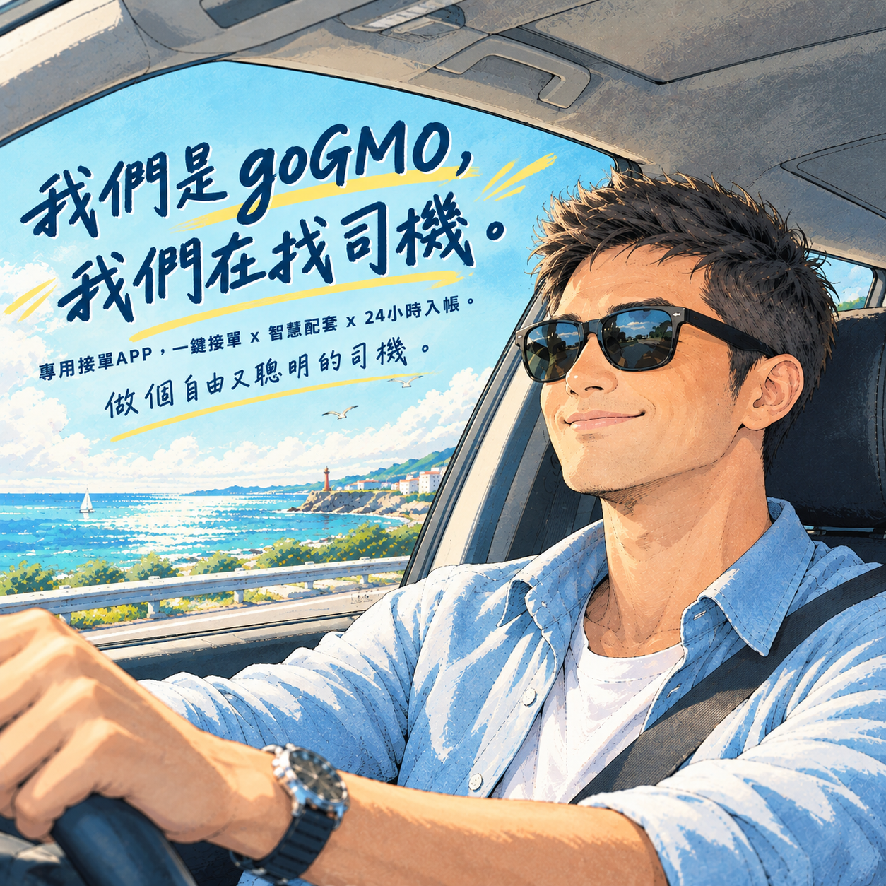 goGMO 司機開著車沿著海岸公路接單——我們是 goGMO，我們在找司機